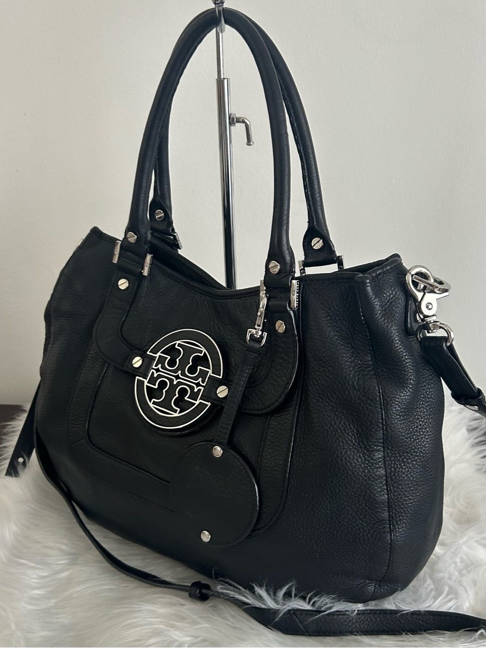Tory Burch Amanda Black Pebbled Leather Tote Shoulder Bag Crossbody - Picture 7 of 14